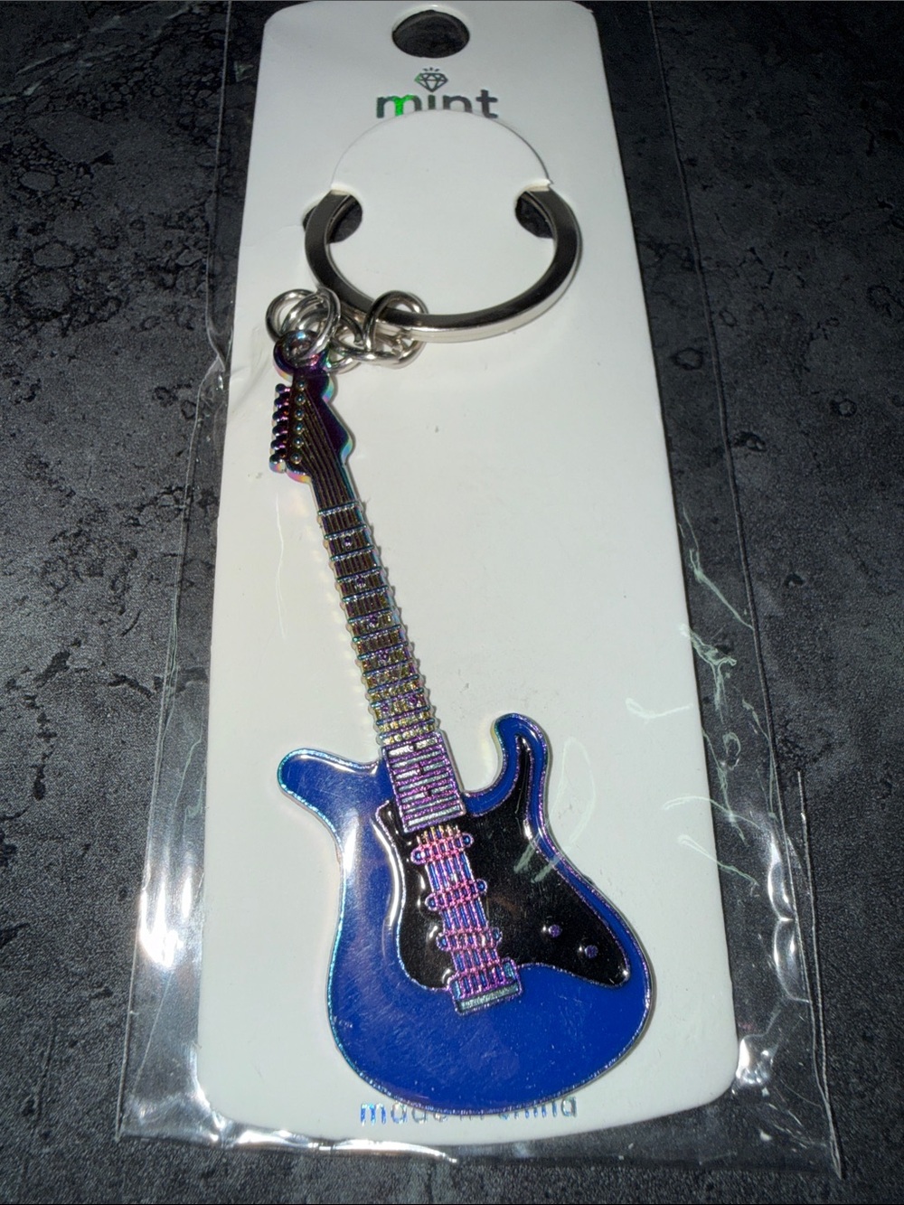 Mint Blue Iridescent Electric Guitar Keychain with Silver Ring